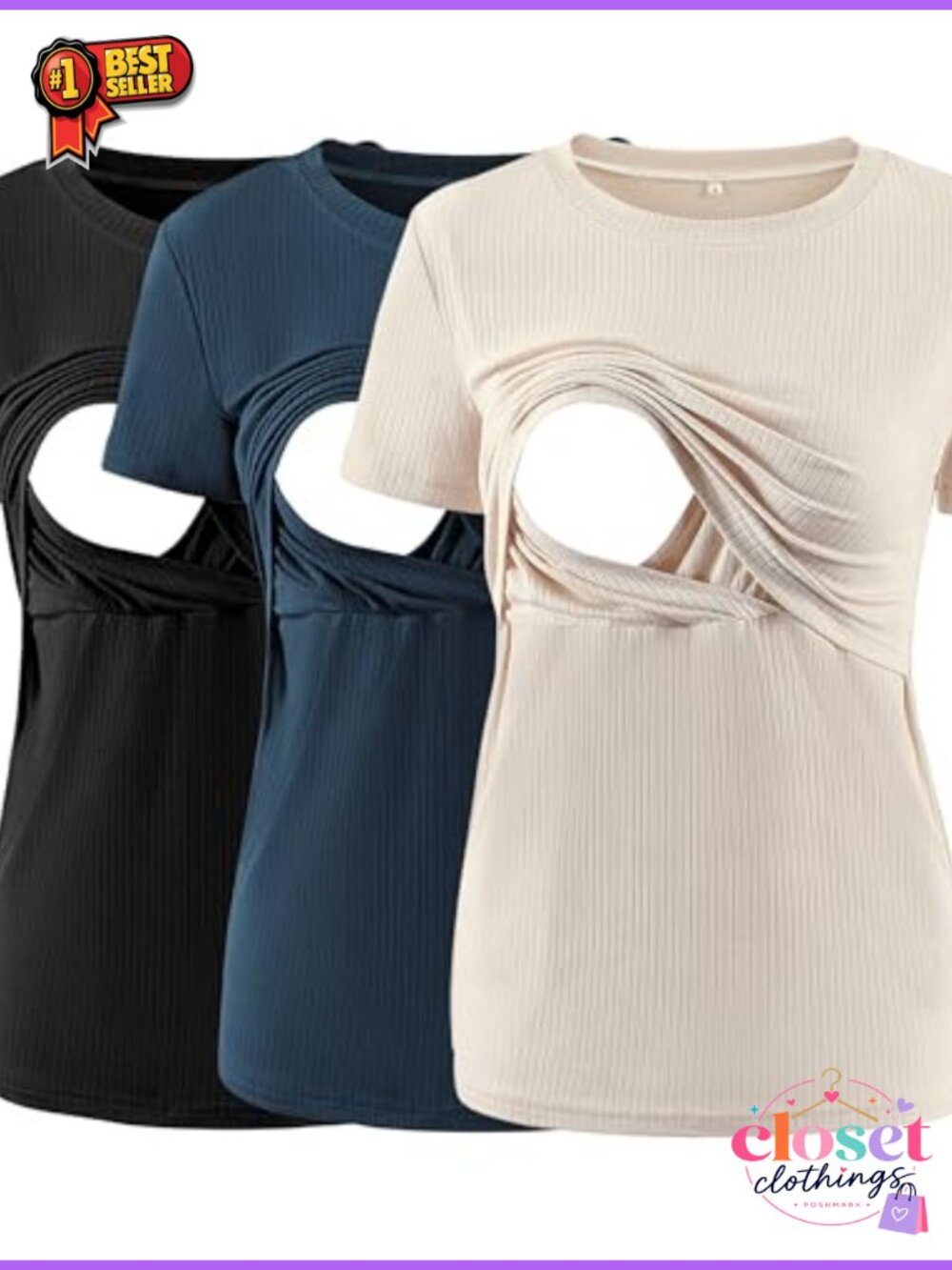 Maternity Nursing Tops Rib Short Sleeve Breastfeeding Shirts 3-Pack